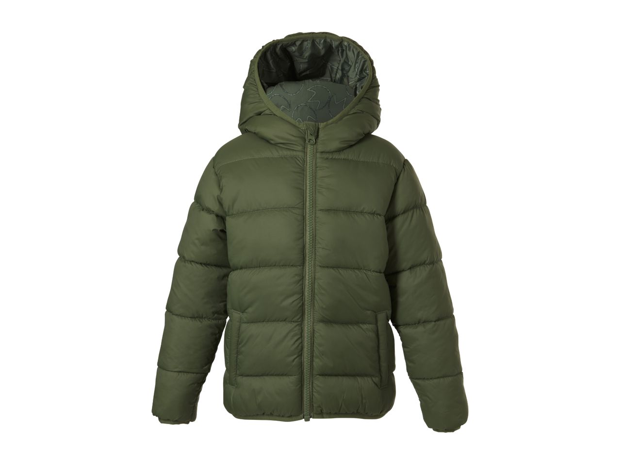 Green hooded puffer jacket with a patterned lining