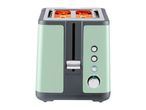 Mint green and dark gray toaster with two slots and glowing heating elements.