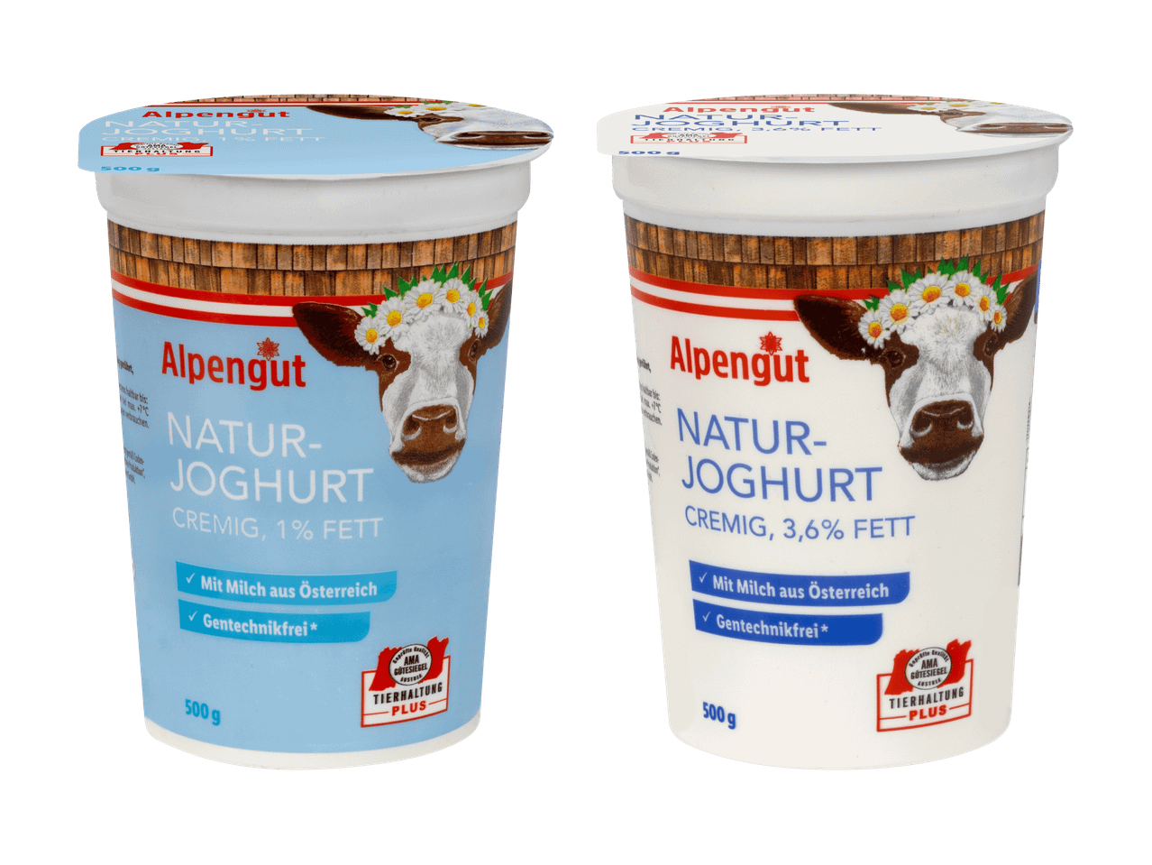 Zwei Becher Alpengut Naturjoghurt, einer mit 1% und einer mit 3,6% Fett, mit Kuhmotiv.