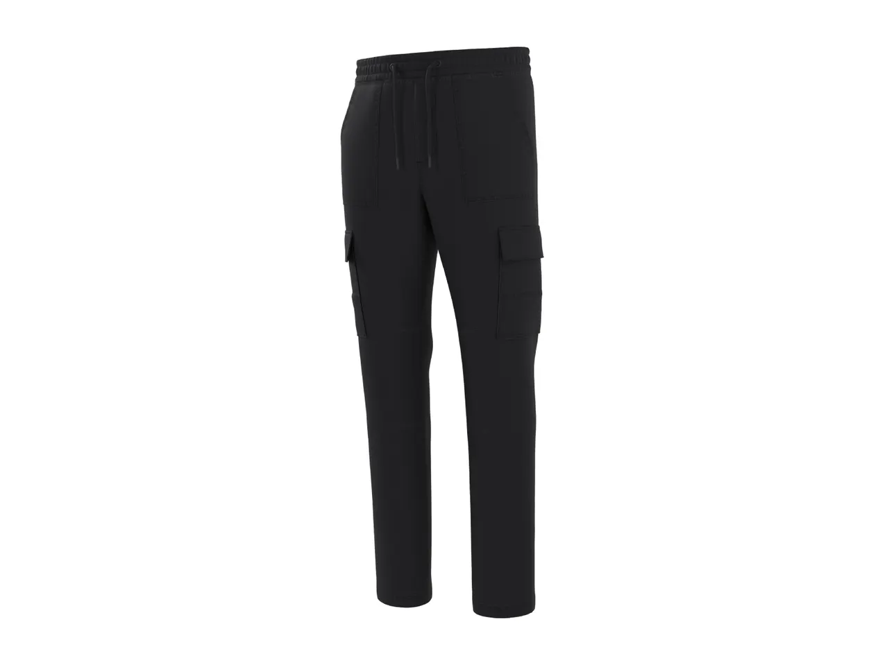 Black cargo pants with an elastic waistband and drawstring, featuring side and cargo pockets.
