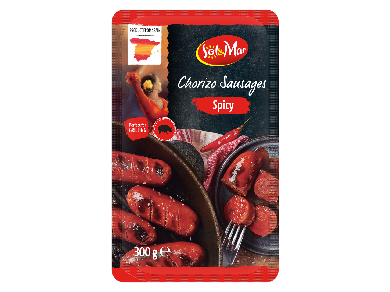 Ambalaj pentru cârnați chorizo picanți, perfecți pentru grătar, cu tematică spaniolă.