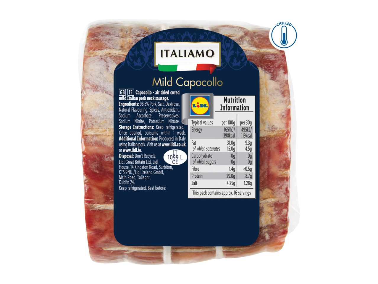 A package of mild air-dried cured Italian pork neck sausage with a nutrition label and storage instructions.