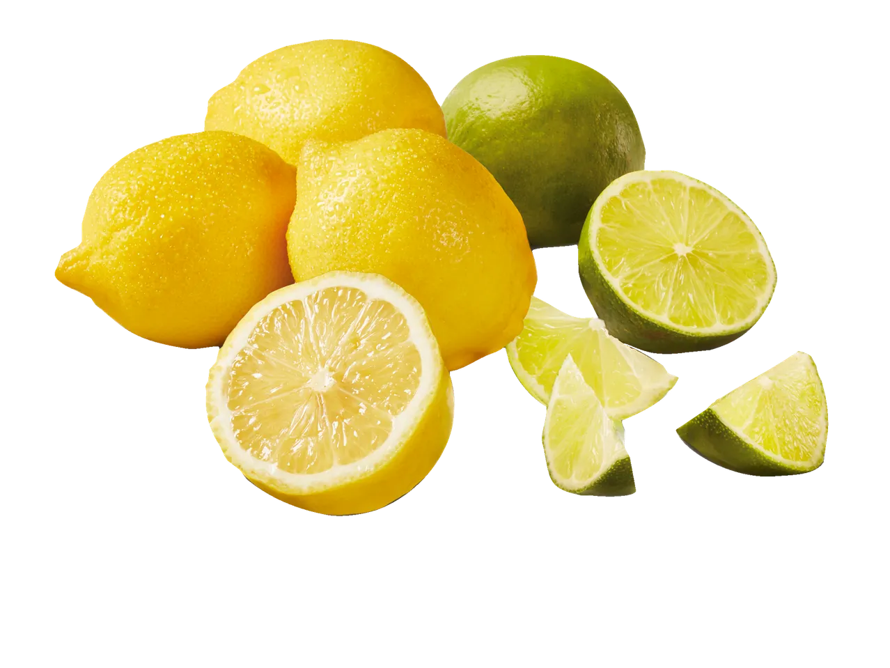 Lemons and limes, some cut in half, arranged on a black background.