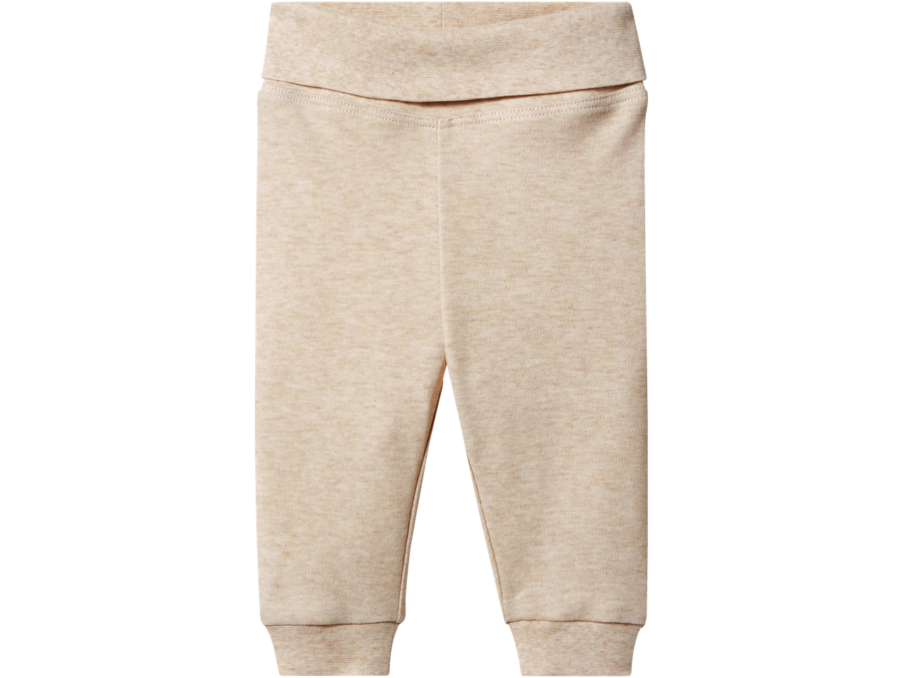 Light beige baby leggings with a wide, foldable waistband and ribbed cuffs.