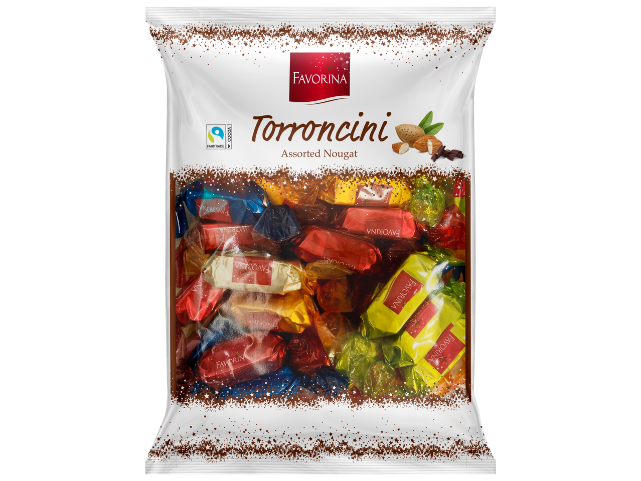 Favorina Torroncini, asortimentas nuga maišelyje su Fairtrade logotipu.