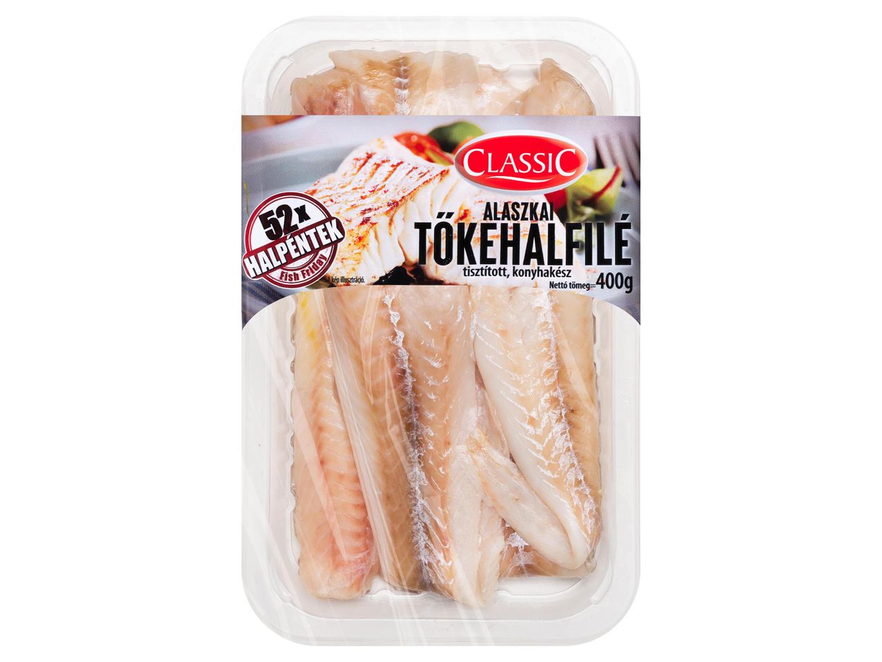 Alaszkai tőkehalfilé, tisztított, konyhakész, 400g-os kiszerelésben, „52x Halpéntek” felirattal.