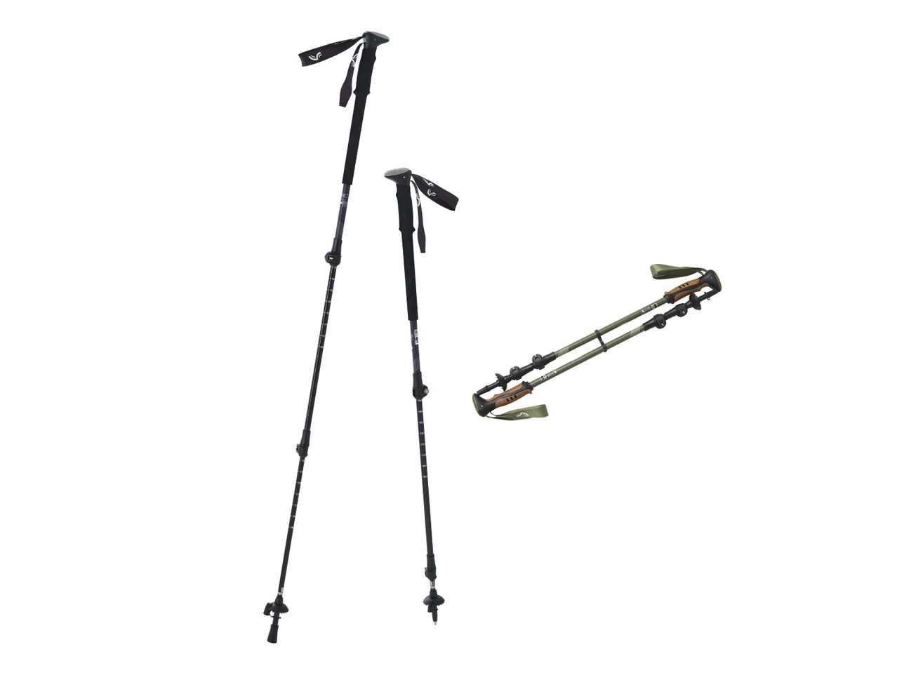 Zwei Paar Trekkingstöcke, eines in Schwarz und eines in Olivgrün, auf weißem Hintergrund.