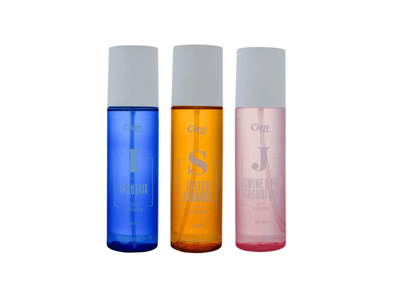 Três sprays corporais perfumados: Ipanema (azul), Caramelo Salgado (laranja) e Jasmim & Pitaya Rosa (rosa).