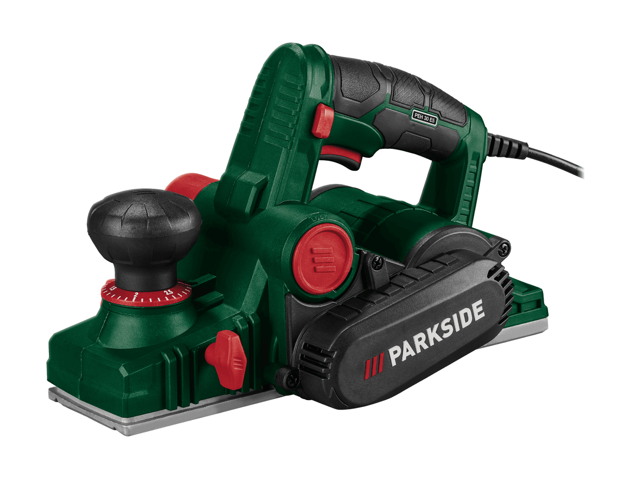 Rabot électrique vert et noir avec des accents rouges, posé sur un fond noir.