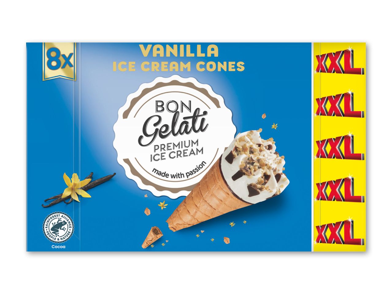 Pakke med 8 vaniljeisvafler med chokolade og nødder, mærket 'XXL'.
