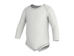 White long-sleeved baby bodysuit with snap closures.