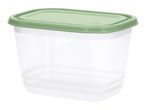 Rectangular clear food storage container with a light green lid.