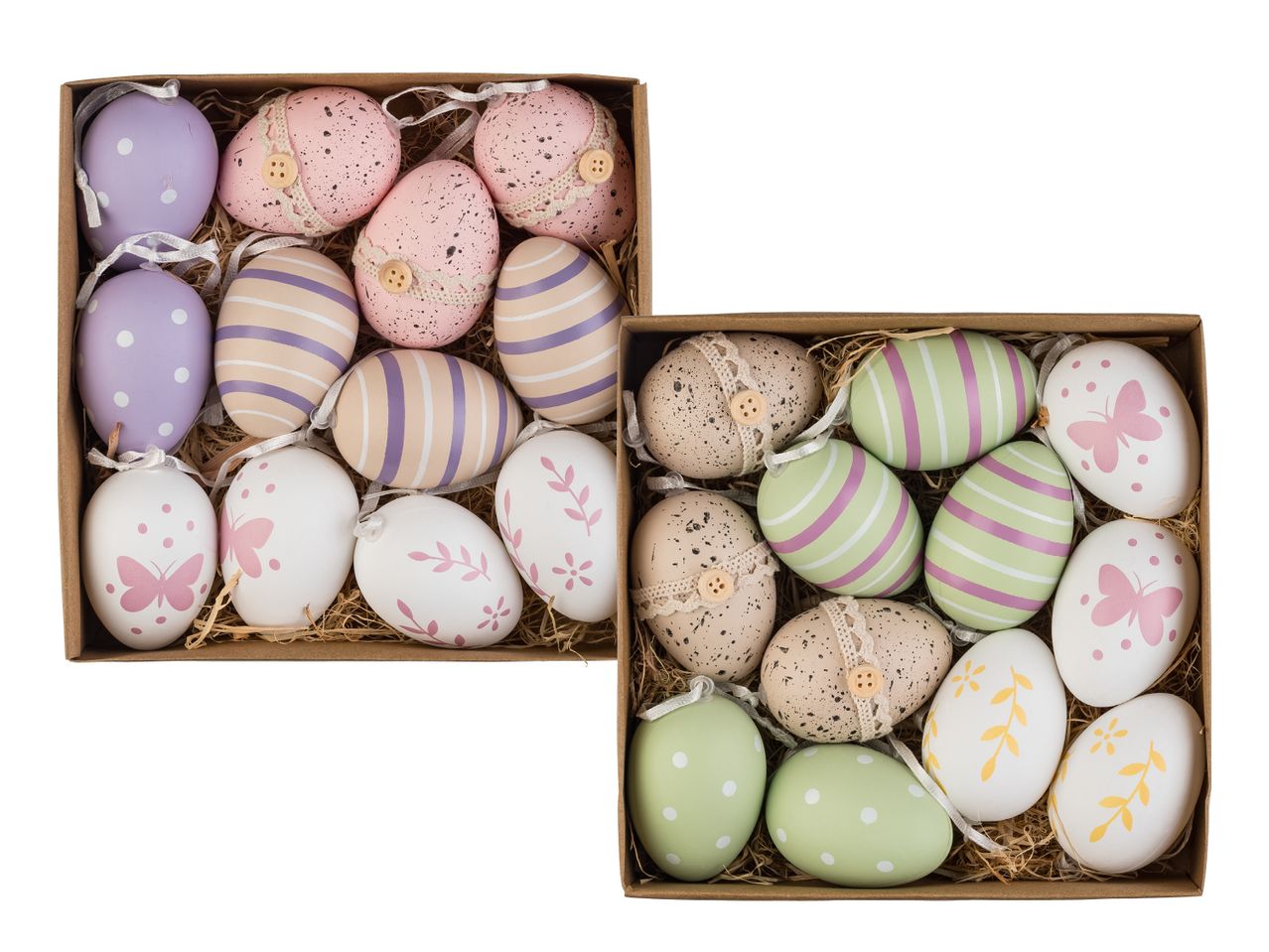 Zwei Kartons mit bunten Ostereiern in Pastellfarben, darunter gepunktete, gestreifte und gemusterte Eier.