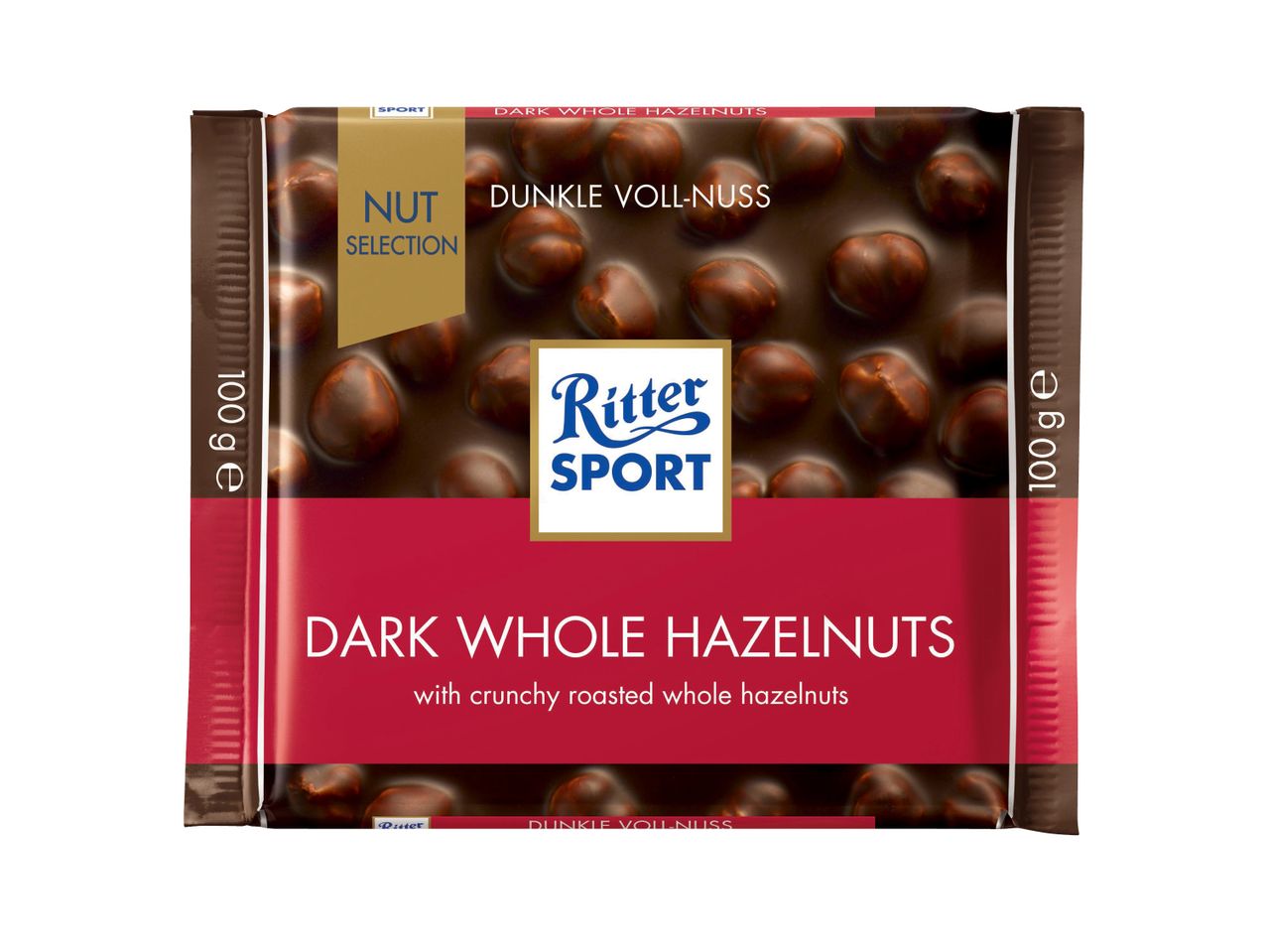 Шоколад Ritter Sport, черен с цели лешници, 100 g/опаковка.