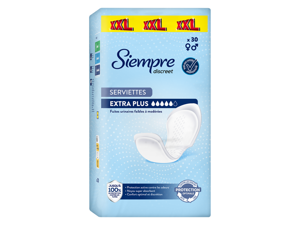 Paquet de serviettes hygiéniques extra plus pour fuites urinaires faibles à modérées, 30 unités.