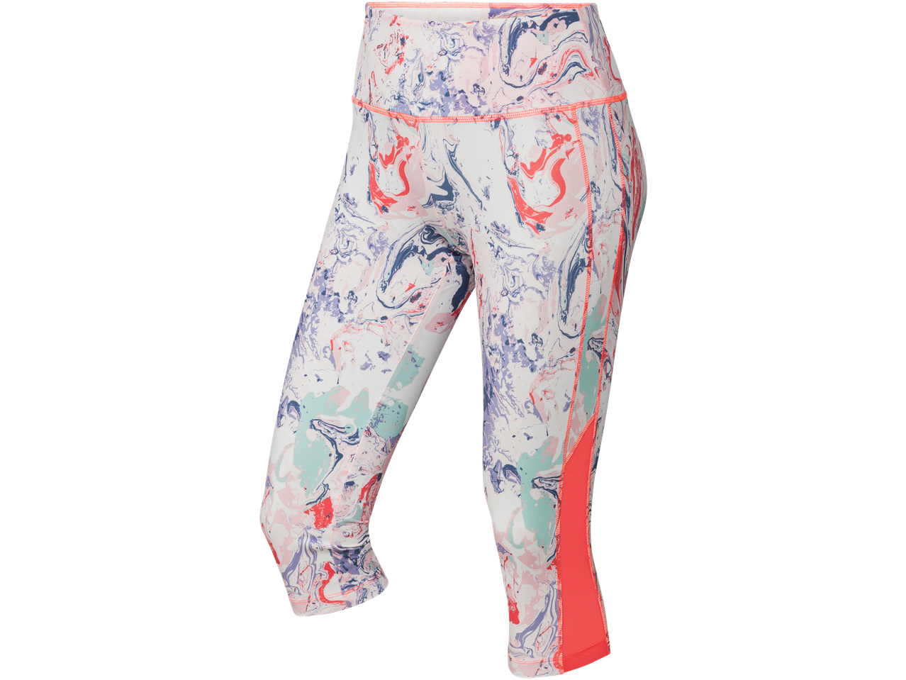 CRIVIT naiste kapripüksid marmormustri ja oranžide detailidega.