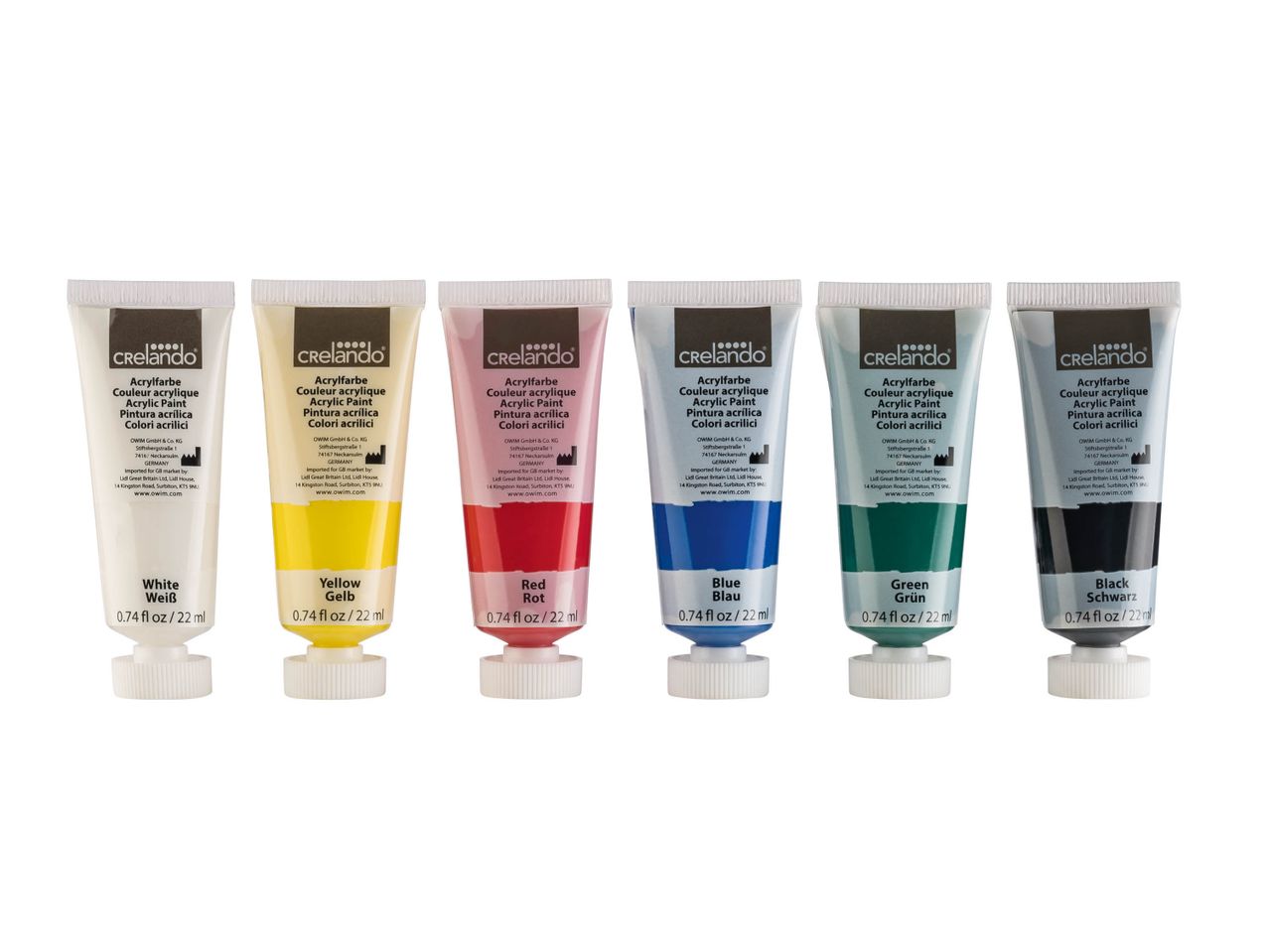Six tubes of Crelado acrylic paint in white, yellow, red, blue, green, and black.