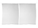 Two white sheer curtains with black trim, isolated on a white background.