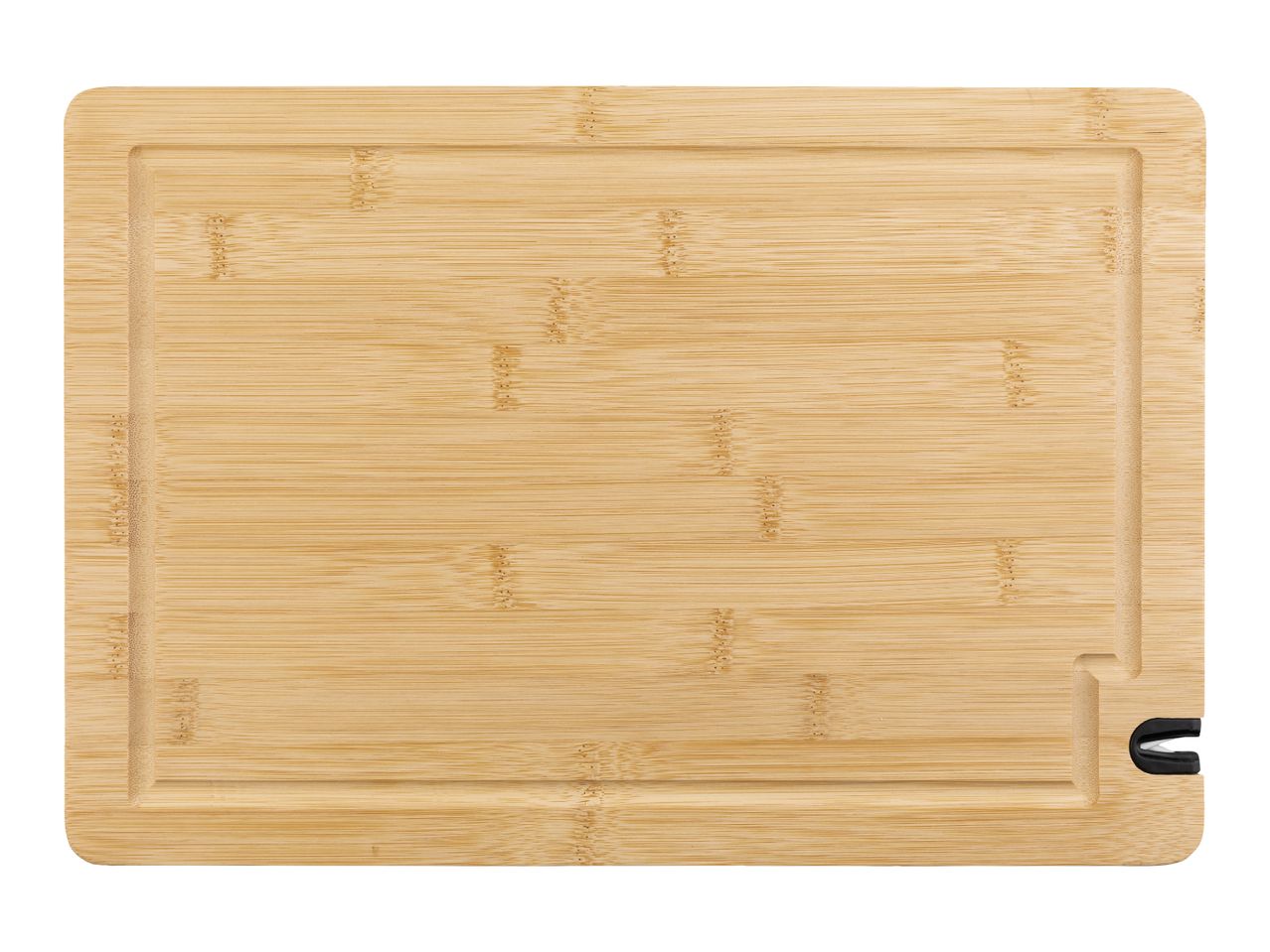 A rectangular bamboo cutting board with a slightly raised edge.