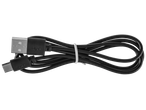 Черен USB-A към USB-C кабел, навит и завързан с бяла връзка.
