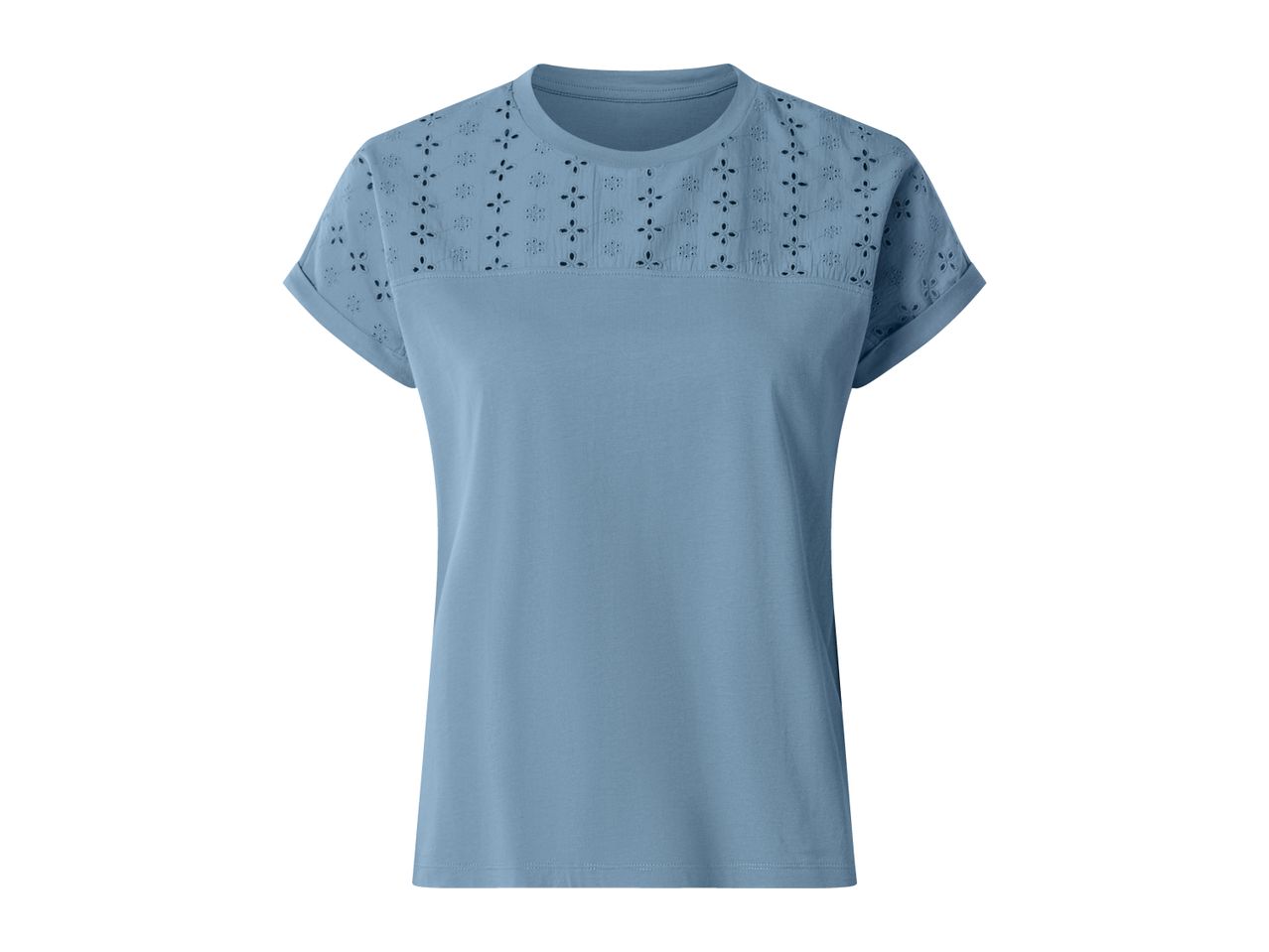 Light blue women's T-shirt with short sleeves and embroidered details on the shoulders.