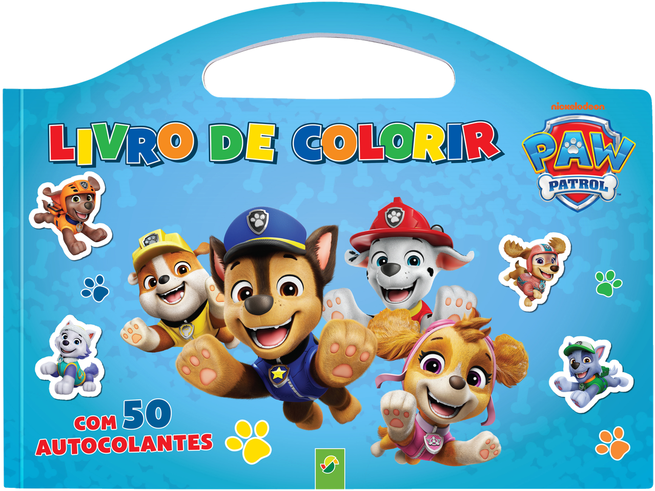 Livro de colorir da Patrulha Pata com 50 autocolantes, com personagens como Chase, Marshall e Skye.