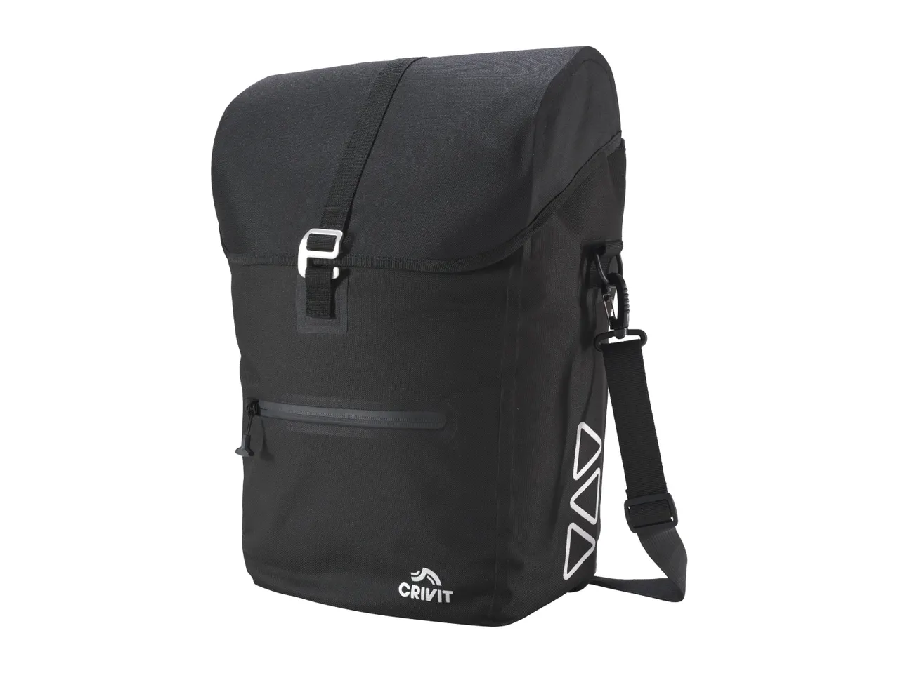 Black bicycle pannier bag with a roll-top closure, front zipper pocket, and reflective triangles.