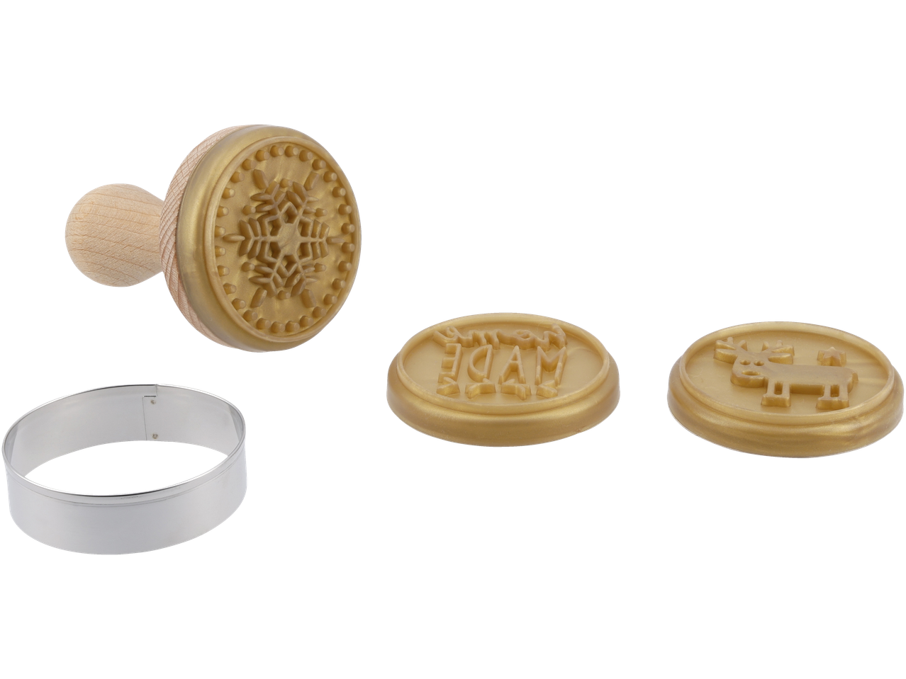 Silvercrest® küpsisevormid ja -templid: ümmargune vorm, tempel lumehelbe, „Hand Made“ teksti ja põhjapõdraga.