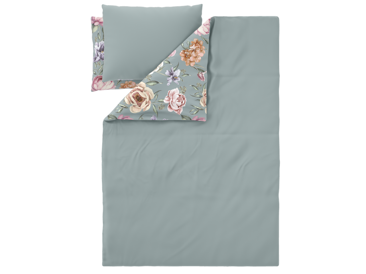 Livarno Microfibre Satin Bedlinen with a floral pattern and solid teal color.