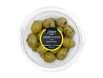 Green olives with lemon verbena in a clear plastic container, 150g