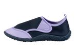 A single black and purple water shoe with a textured sole, viewed from the side.