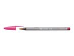 Pink ballpoint pen with its cap removed, showing the tip and ink cartridge.
