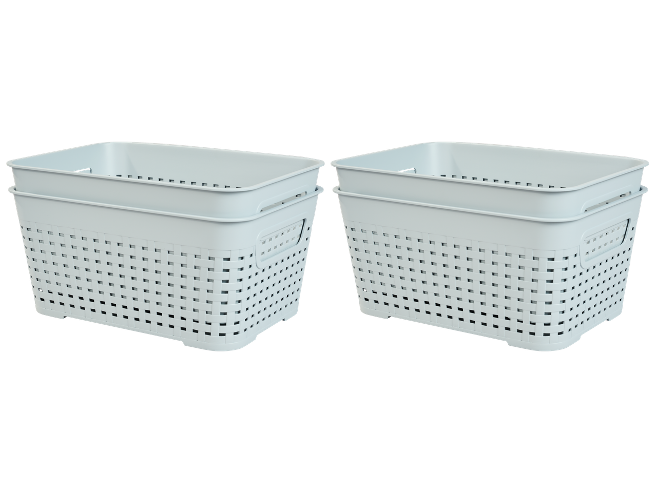 Cestos de arrumação W5 empilhados, de plástico branco com design entrançado