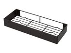 Black metal rectangular storage basket with a grid bottom, angled view.