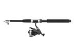 Black fishing rod with a reel and white fishing line