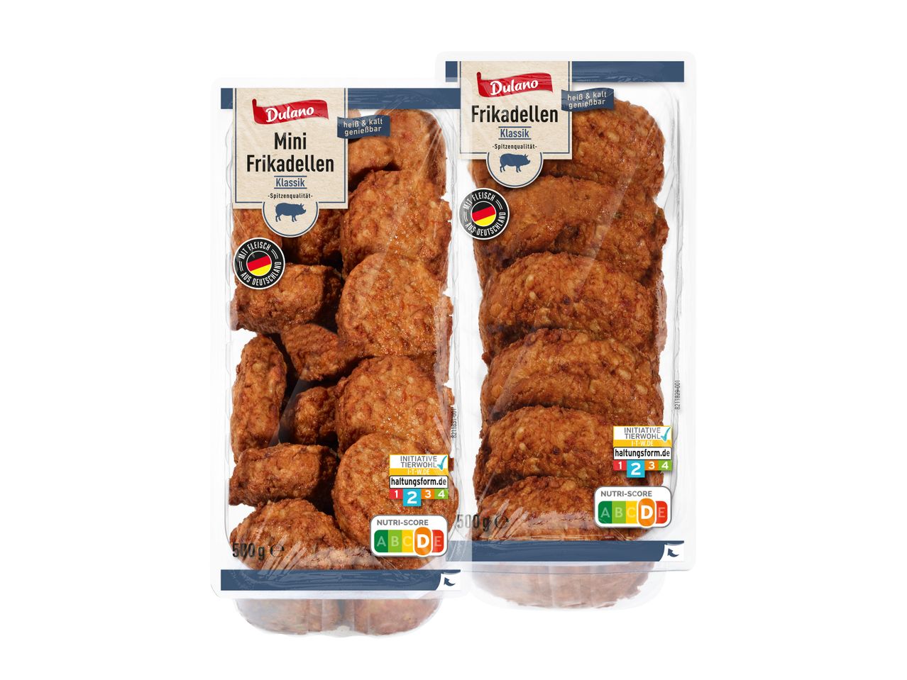 Zwei Packungen Dulano Frikadellen, eine mit Mini- und eine mit normalen Frikadellen, sind abgebildet.