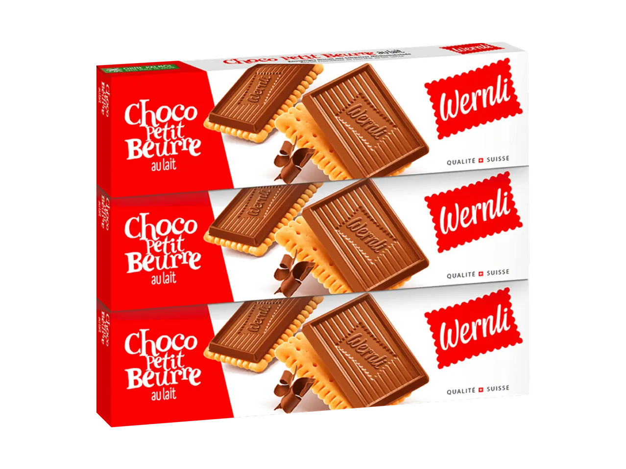 Trois paquets de biscuits au beurre recouverts de chocolat au lait, empilés.