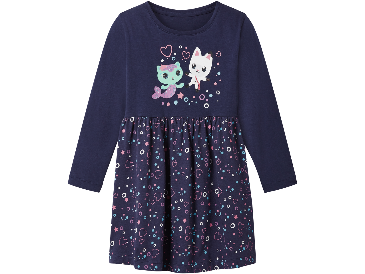 Tamsiai mėlyna vaikiška suknelė su undinėlės kačių ir širdelių raštu.
