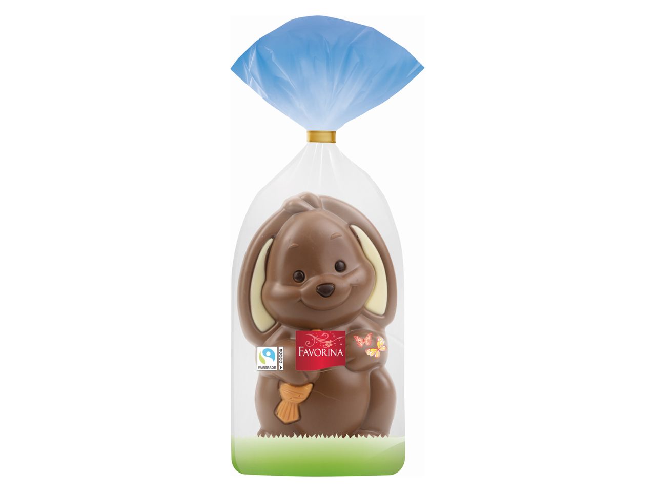 Chocolate Easter bunny in clear packaging with a blue top and green base.