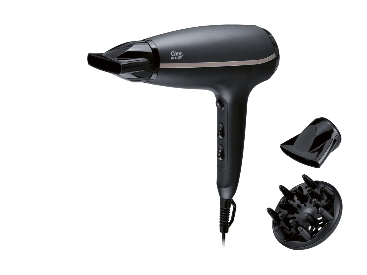 Sèche-cheveux noir avec diffuseur et concentrateur sur fond noir.