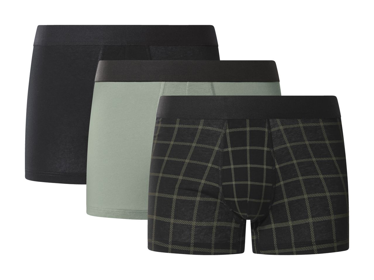 Three men's boxer briefs: one black, one light green, and one black with a green plaid pattern.