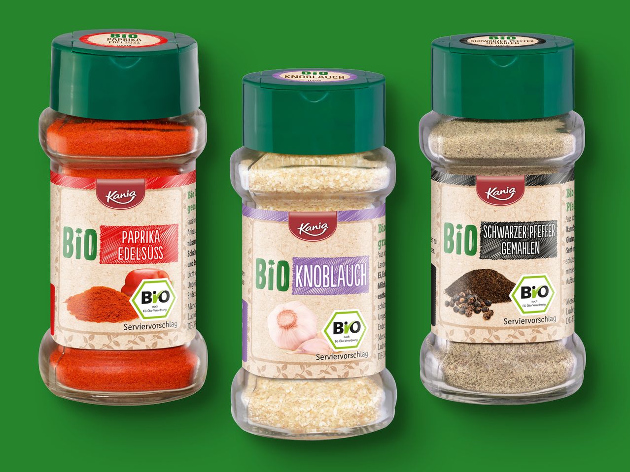 Kanig Bio: Paprika, Knoblauch und gemahlener schwarzer Pfeffer.