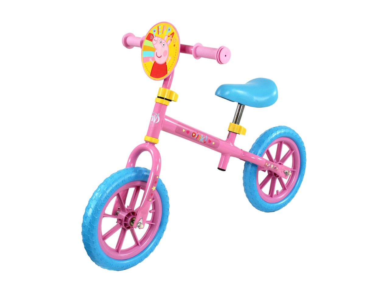 Pink balance bike with blue wheels and a character on the handlebar.