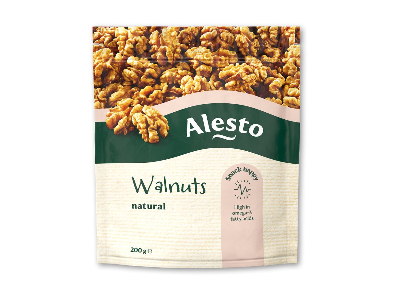 En pose valnødder, naturlige, 200g, med teksten 'snack happy' og 'High in omega-3 fatty acids'.