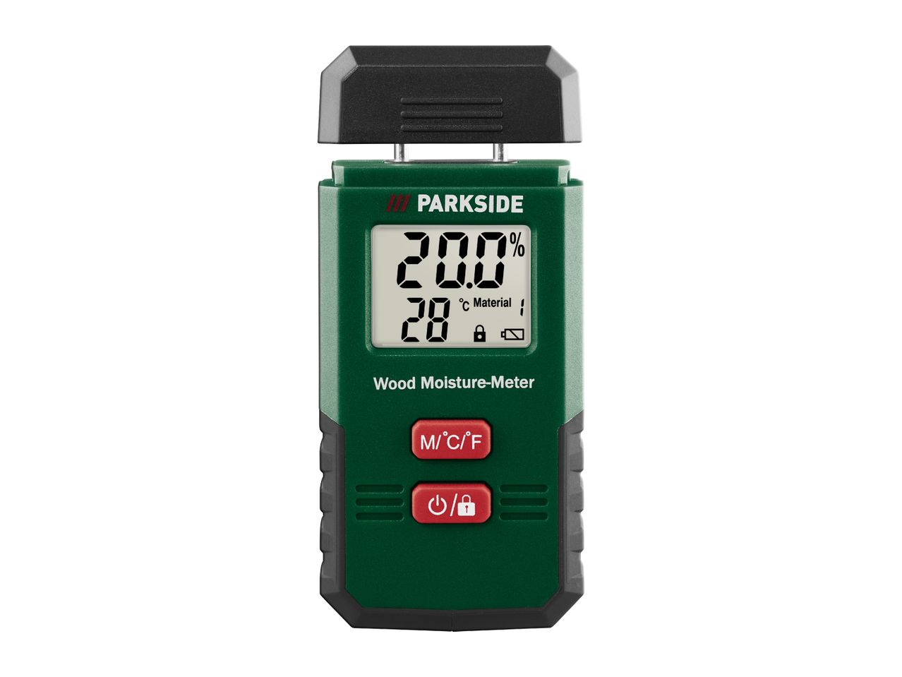 Digital wood moisture meter displaying 20.0% moisture and 28°C temperature.