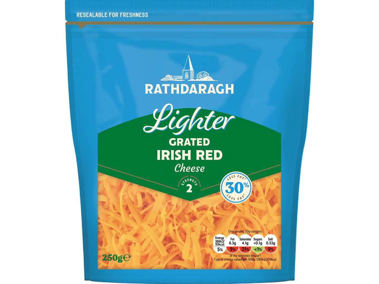 A blue pouch of Rathdaragh Lighter Grated Irish Red Cheese, 250g, with nutritional information.