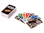 Mattel Star Wars UNO card game with a deck and several character cards, including Darth Vader.