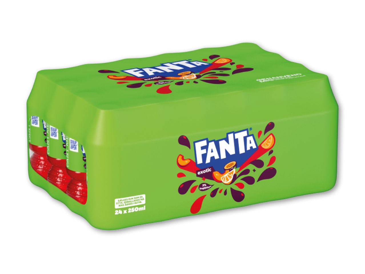 En grøn pakke med 24 eksotiske sodavand, 250 ml hver, med frugtjuice.