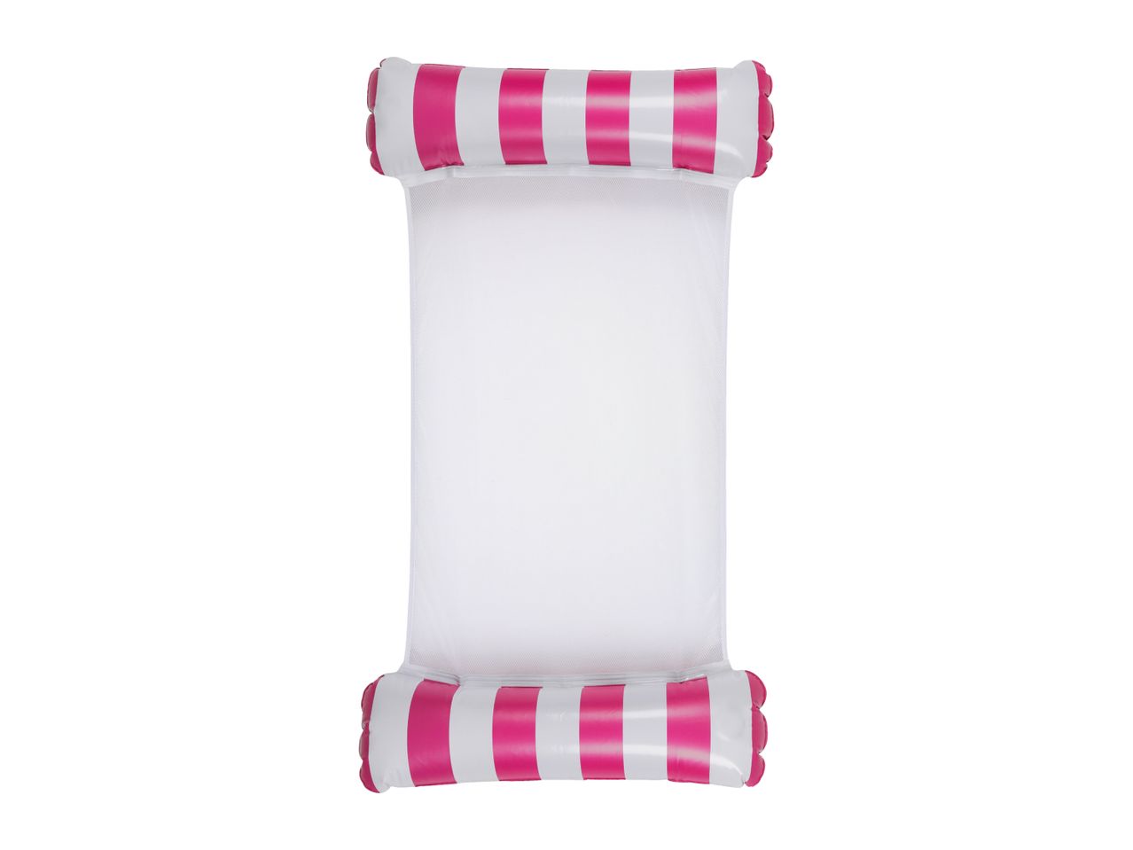 Pink and white striped inflatable pool float with a mesh center.