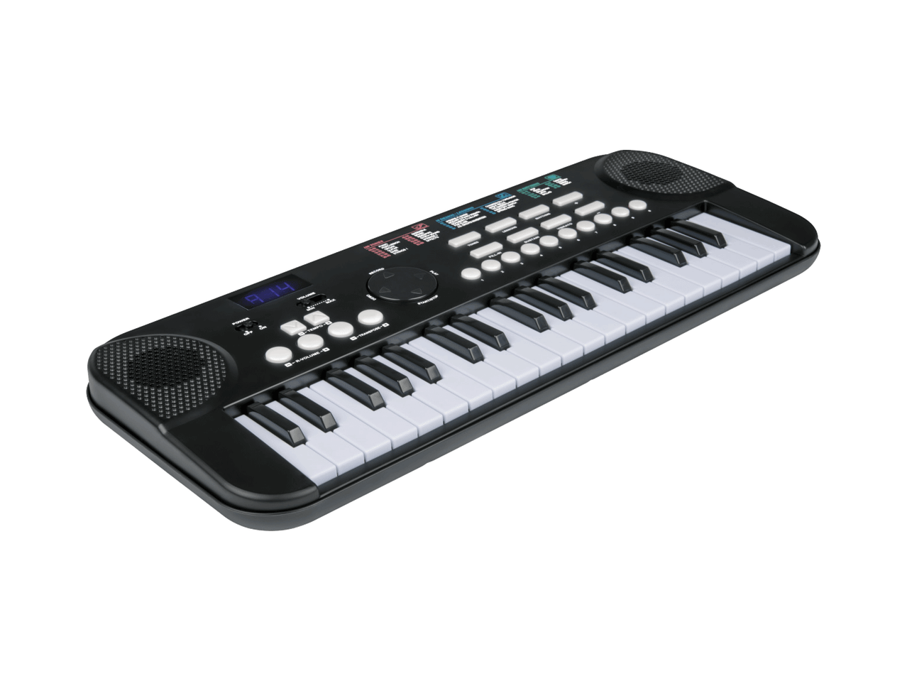 Juodas elektroninis pianinas su baltais ir juodais klavišais bei valdymo mygtukais.